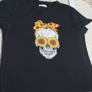 Black T-Shirt with Skull and Sunflower Design